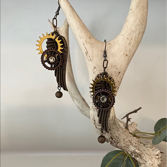 Steampunk Earrings. Angel Wings with Mechanical Gears Charms. One of a Kind - Picture 2 of 6